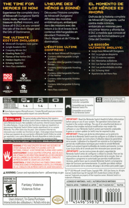 Minecraft Dungeons Ultimate Edition Nintendo Switch NS video game featuring action role playing dungeon crawler gameplay Minecraft inspired environments enemy battles weapon upgrades loot collecting character customization cooperative multiplayer and challenging dungeon adventures back cover art