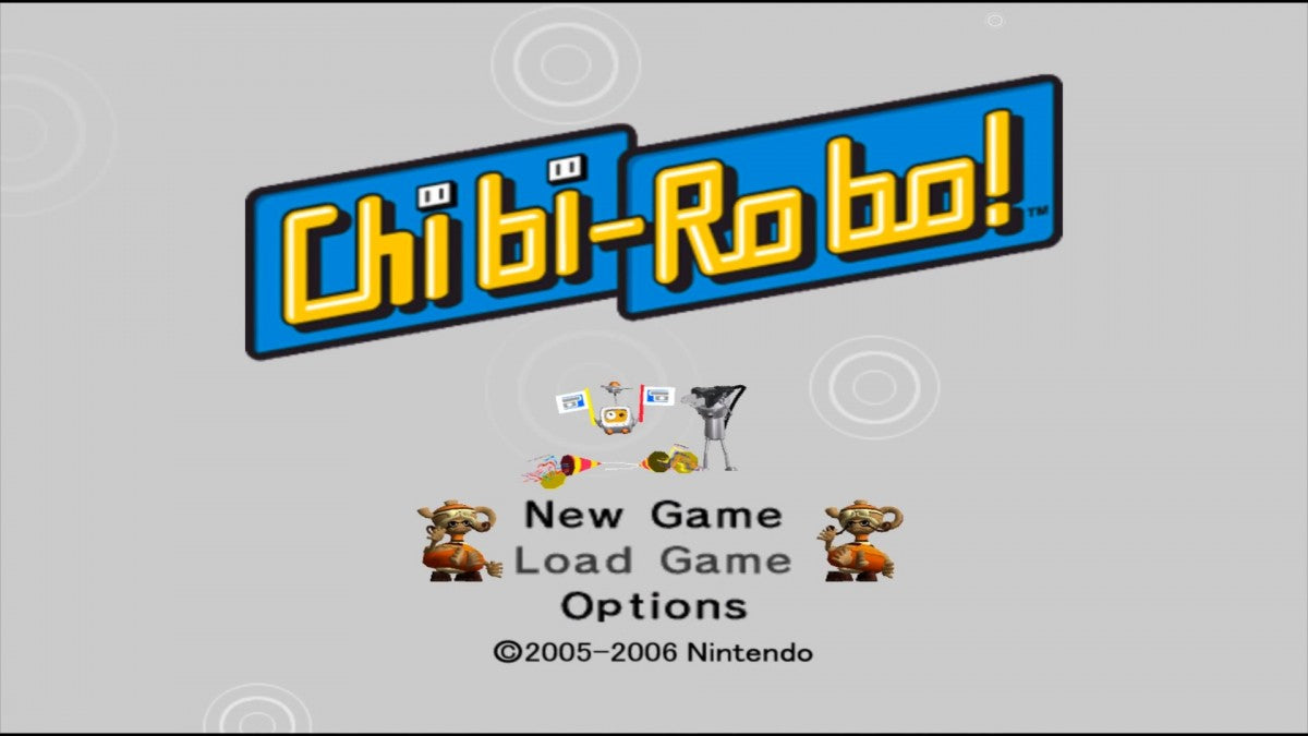 Chibi Robo for GameCube featuring charming action adventure gameplay centered around a tiny household robot start screen