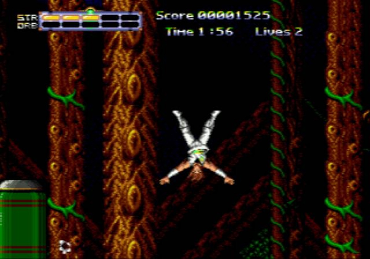 Strider Returns Sega Genesis action platformer side scrolling arcade style combat ninja gameplay sword attacks fast paced levels Capcom classic retro gaming Sega Genesis cartridge video game title gameplay