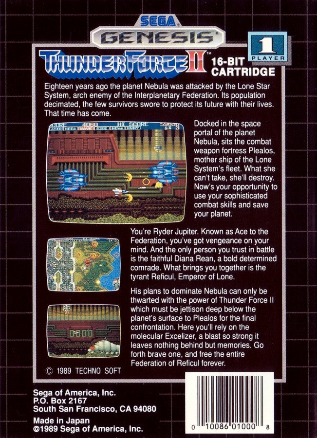 Thunder Force II Sega Genesis GEN for retro video game enthusiasts featuring classic shoot em up gameplay fast paced horizontal and top down scrolling action futuristic spacecraft intense enemy battles powerful weapon upgrades sci fi arcade action and collectible gaming appeal back art 