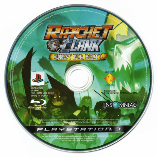 Ratchet and Clank Quest for Booty PS3 game featuring action platforming gameplay, space adventure storytelling, and classic Ratchet and Clank humor disc