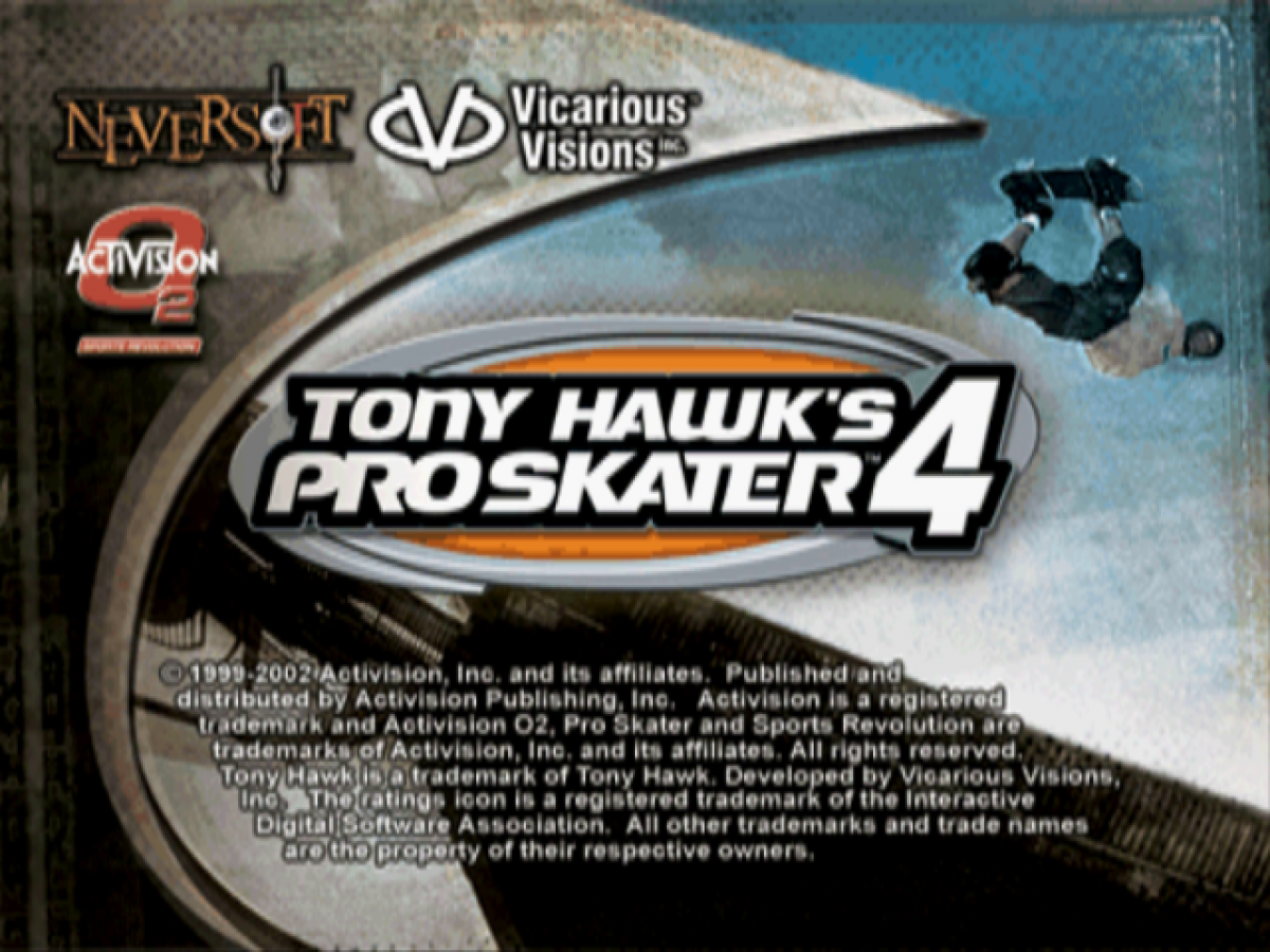 Tony Hawk’s Pro Skater 4 [Greatest Hits] title screen for PlayStation 1 PS1 video game, skateboarding sports action, trick-based gameplay, extreme sports classic