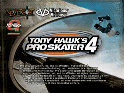 Tony Hawk’s Pro Skater 4 [Greatest Hits] title screen for PlayStation 1 PS1 video game, skateboarding sports action, trick-based gameplay, extreme sports classic