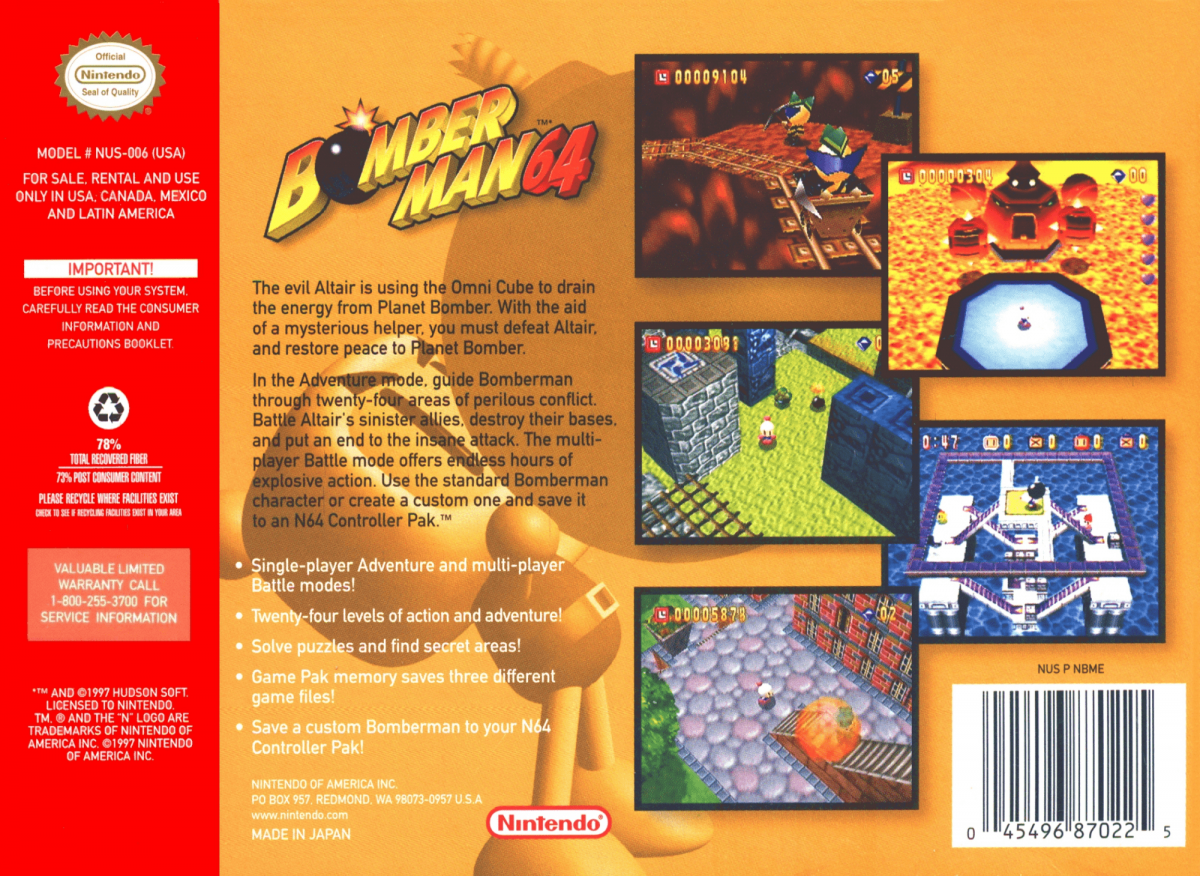 Bomberman 64 back cover art for Nintendo 64 (N64) video game