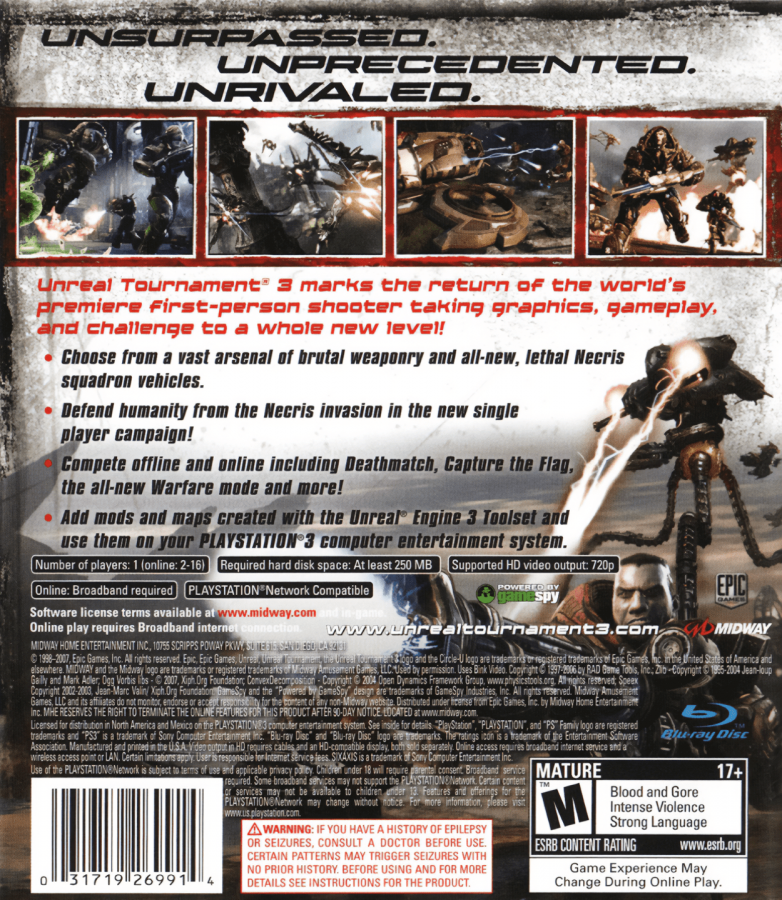 Unreal Tournament III back cover art for PlayStation 3 (PS3) video game