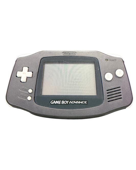 Game Boy Advance handheld system in black featuring horizontal design, color screen, rechargeable battery, and compatibility with Game Boy Advance cartridges for portable gaming 