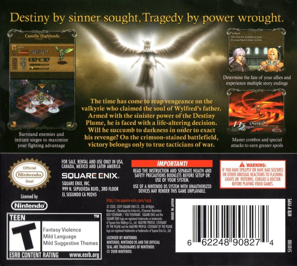 Valkyrie Profile Covenant of the Plume Nintendo DS game featuring tactical RPG gameplay with grid based battles branching story paths character sacrifice mechanics and strategic turn based combat in a dark fantasy setting back cover