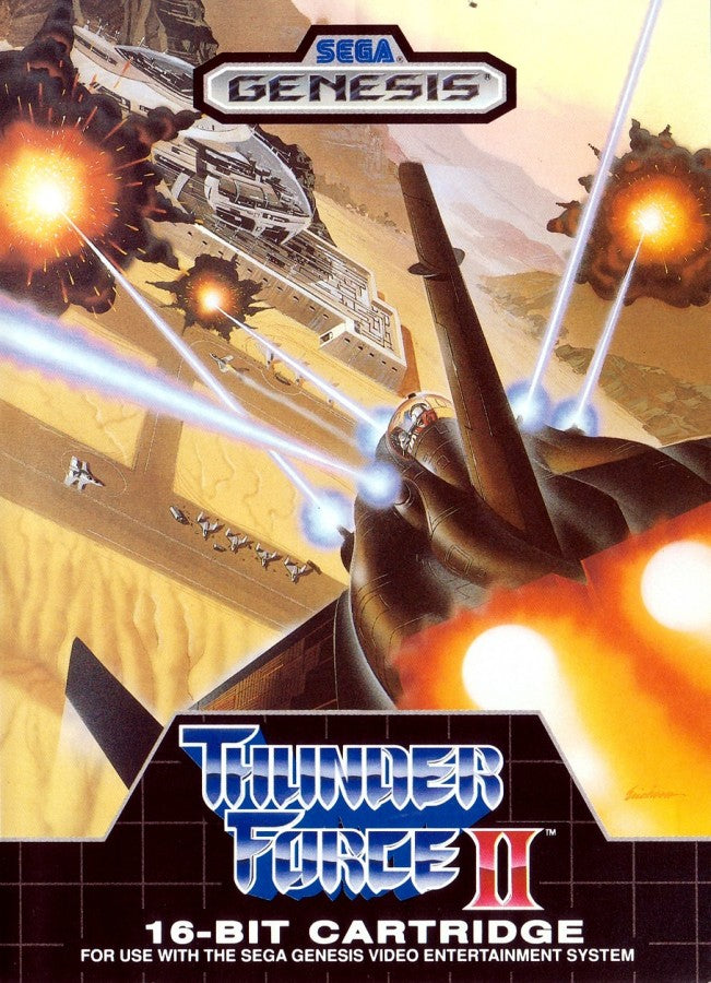 Thunder Force II Sega Genesis GEN for retro video game enthusiasts featuring classic shoot em up gameplay fast paced horizontal and top down scrolling action futuristic spacecraft intense enemy battles powerful weapon upgrades sci fi arcade action and collectible gaming appeal cover art 