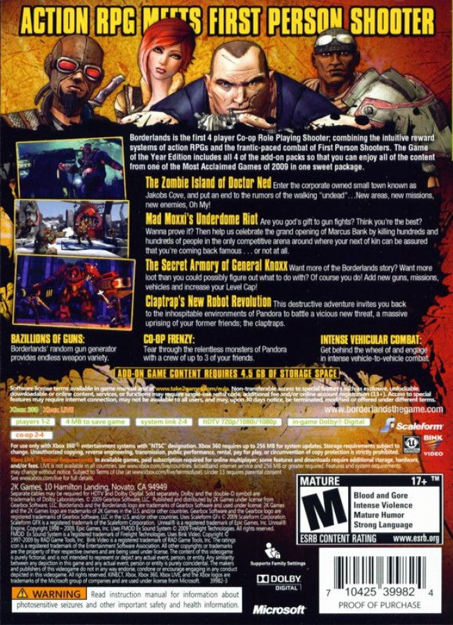 Borderlands [Game of the Year Edition] back cover art for Xbox 360 (X360) first-person shooter role-playing video game
