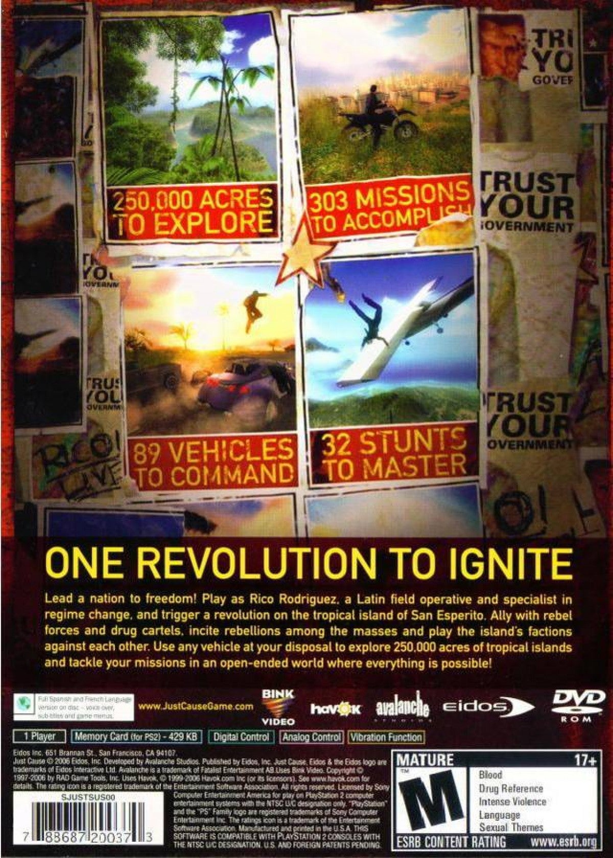 Just Cause back cover art for PlayStation 2 (PS2) video game