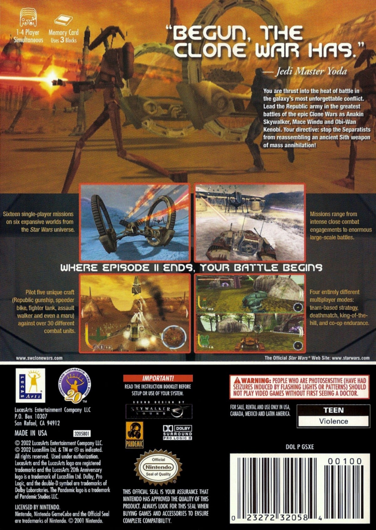 Star Wars The Clone Wars Nintendo GameCube GC for action adventure video game fans featuring Clone Wars battles Jedi and clone troopers vehicle combat lightsaber action blaster weapons multiplayer missions iconic Star Wars characters and cinematic galactic warfare collectible gaming appeal back cover art