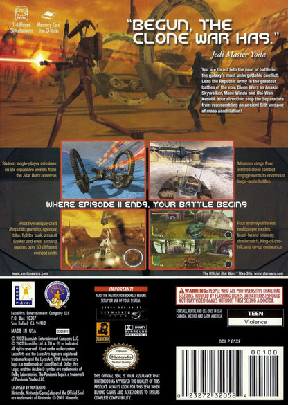 Star Wars The Clone Wars Nintendo GameCube GC for action adventure video game fans featuring Clone Wars battles Jedi and clone troopers vehicle combat lightsaber action blaster weapons multiplayer missions iconic Star Wars characters and cinematic galactic warfare collectible gaming appeal back cover art