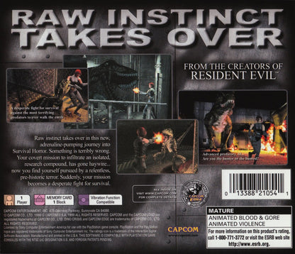 Dino Crisis with Demo Disc PlayStation PS1 for survival horror video game fans featuring dinosaur survival gameplay intense action cinematic storytelling puzzle solving resource management terrifying encounters classic Capcom horror adventure bonus demo disc collectible gaming appeal back cover