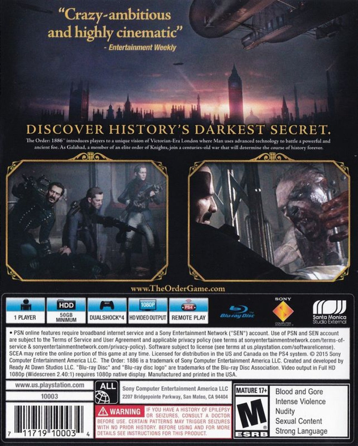 The Order: 1886 – PlayStation 4 (PS4) video game back of case, action-adventure shooter
