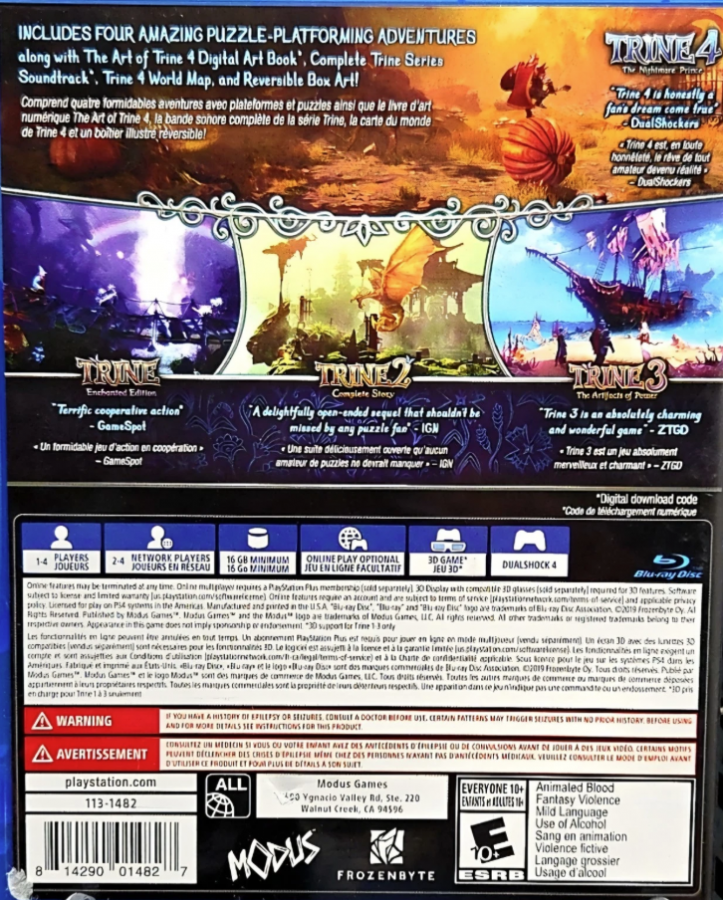 Trine: Ultimate Collection – PlayStation 4 (PS4) video game back of case, fantasy puzzle-platformer adventure game.