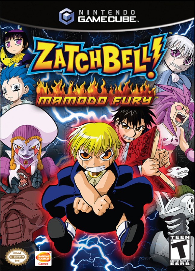 Zatch Bell Mamodo Fury Nintendo GameCube game case art with Zatch Kiyo Mamodo characters intense action fighting spells and battle scenes based on the anime series cover art