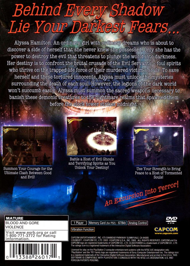 Clock Tower 3 PS2 Sony PlayStation 2 survival horror game point and click style adventure cinematic horror time travel storyline ghost enemies stealth and hiding gameplay Capcom psychological horror retro gaming PlayStation 2 software video game title back cover art