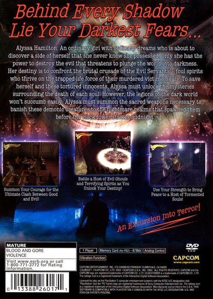 Clock Tower 3 PS2 Sony PlayStation 2 survival horror game point and click style adventure cinematic horror time travel storyline ghost enemies stealth and hiding gameplay Capcom psychological horror retro gaming PlayStation 2 software video game title back cover art