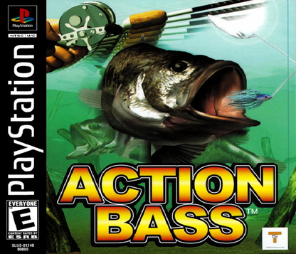 Action Bass PlayStation 1 PS1 video game, fishing simulation, tournament-style bass fishing gameplay, classic console title front cover