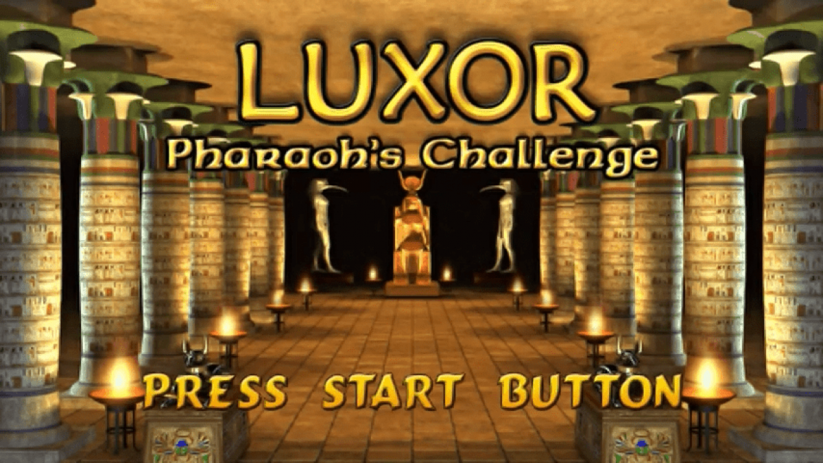 Luxor Pharaohs Challenge PSP match-three puzzle adventure game set in ancient Egypt with marquee shooting mechanics and pharaohs treasure main menu title screen