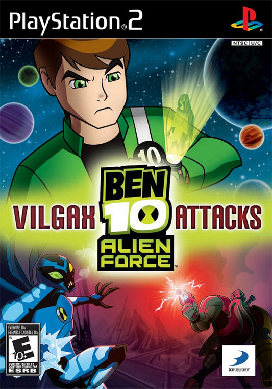 Ben 10: Alien Force: Vilgax Attacks for PlayStation 2 (PS2) featuring an action adventure where you transform into multiple Alien Force aliens to fight across different worlds; use combo combat special abilities and upgrades while taking on Vilgax in a story inspired by the series front cover