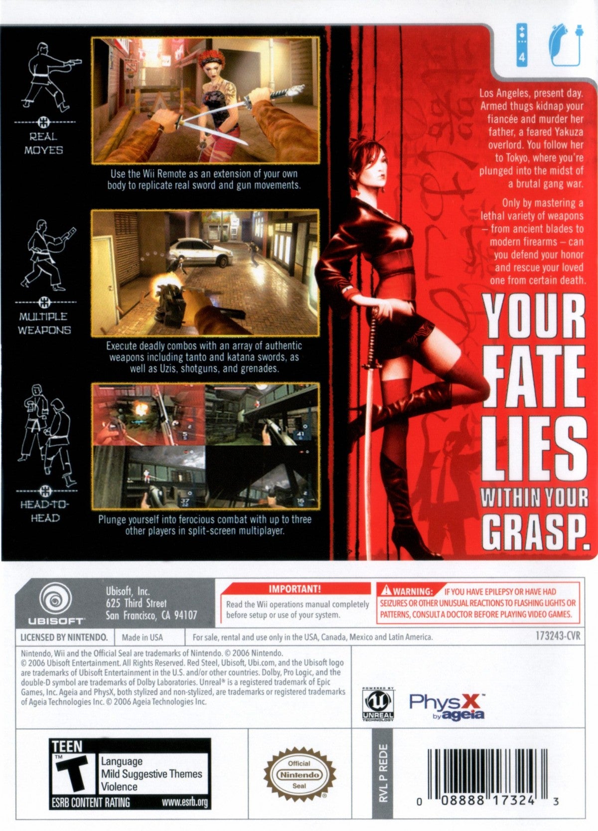 Red Steel – Nintendo Wii (Wii) first-person shooter action adventure video game back of case