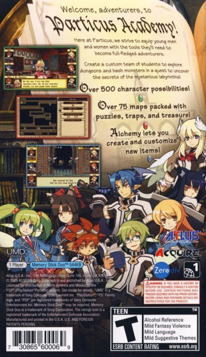 Class of Heroes – PlayStation Portable (PSP) back of case for dungeon-crawling role-playing video game