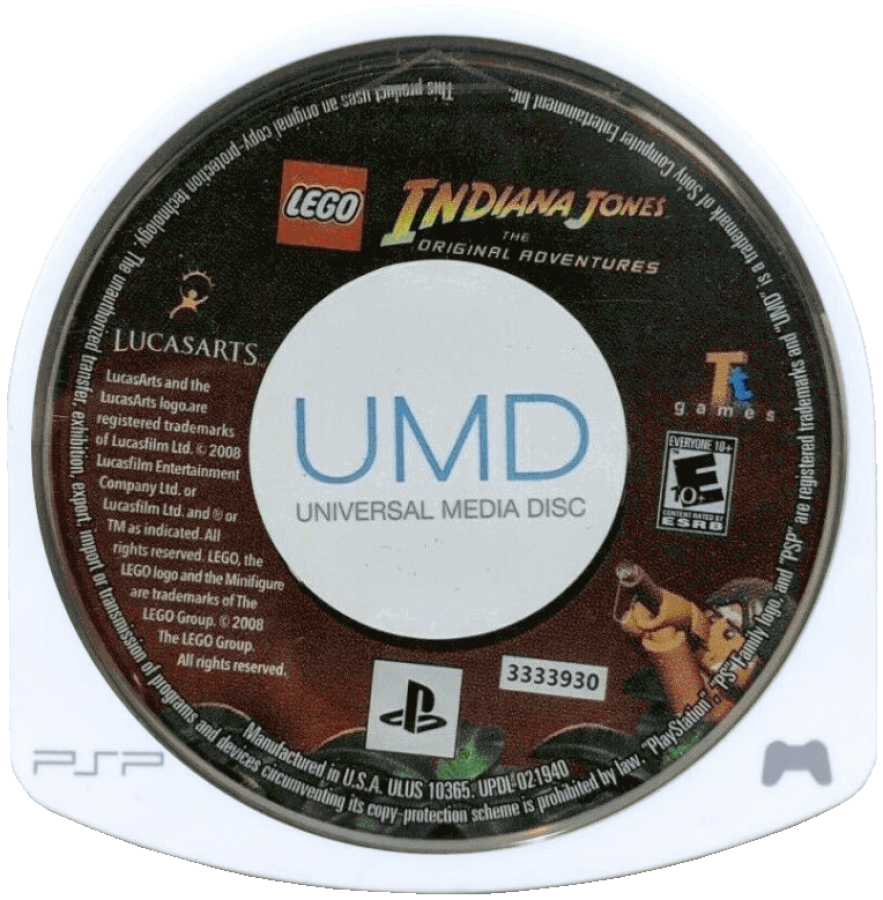 LEGO Indiana Jones The Original Adventures PlayStation Portable box art displaying the adventurous Lego minifigure and action scenes disc cartridge UMD