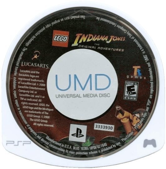 LEGO Indiana Jones The Original Adventures PlayStation Portable box art displaying the adventurous Lego minifigure and action scenes disc cartridge UMD