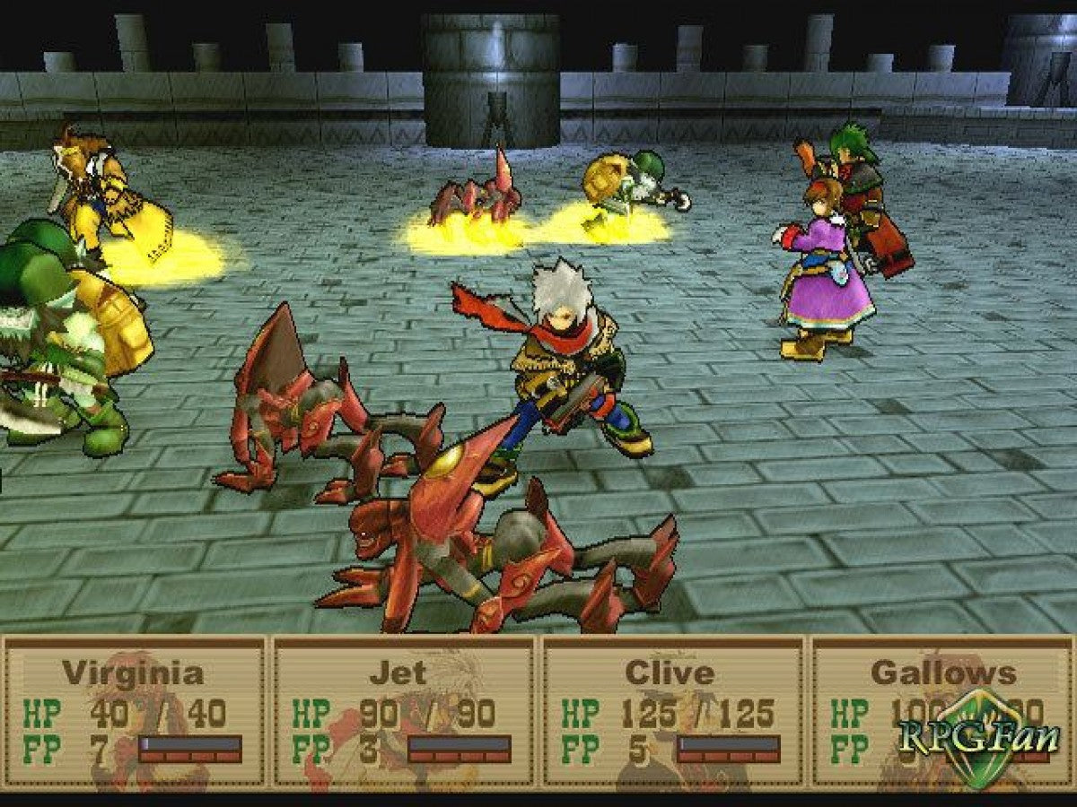 Wild Arms 3 PS2 Sony PlayStation 2 JRPG role playing game cel shaded Western fantasy adventure turn based combat dungeon exploration puzzle solving gunfighter characters story driven gameplay desert world retro gaming PlayStation 2 software video game title gameplay