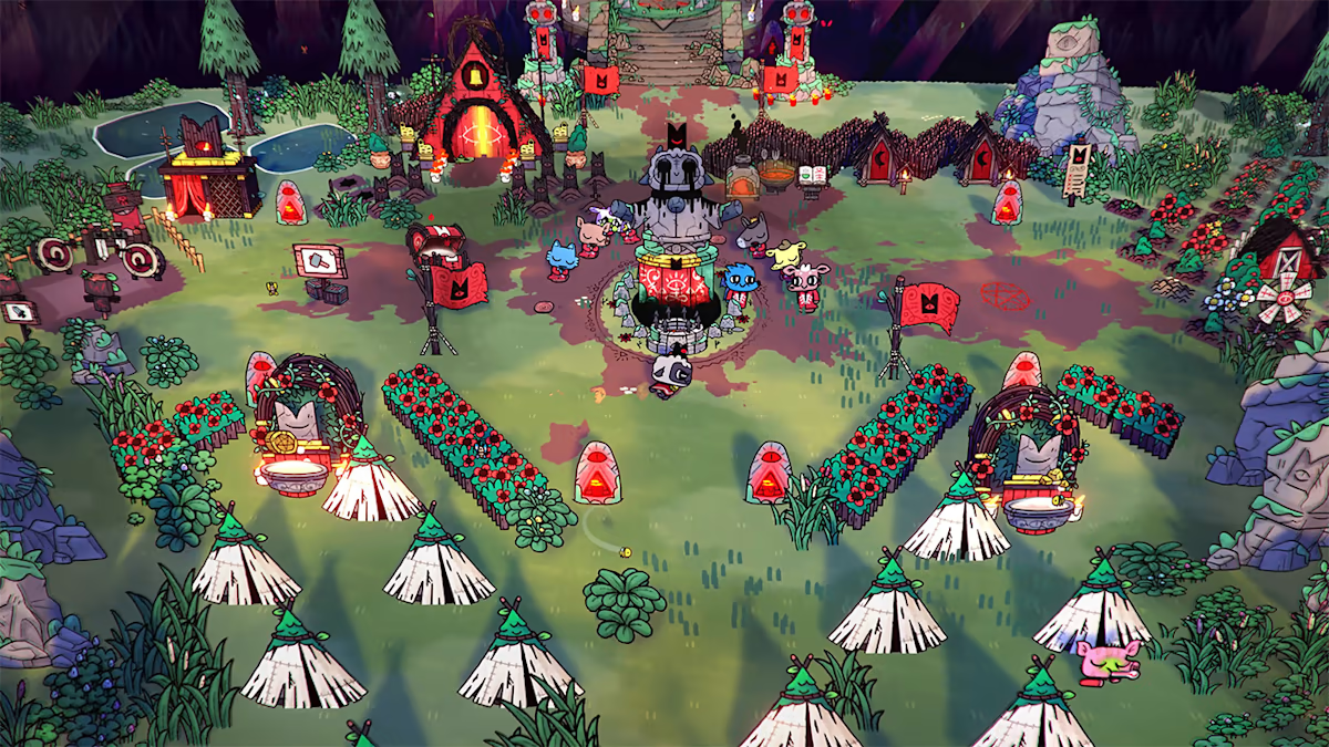 Cult of the Lamb Nintendo Switch NS for video game enthusiasts featuring action adventure roguelike gameplay cult management mechanics dungeon exploration resource gathering base building charming yet dark art style and collectible gaming appeal gameplay