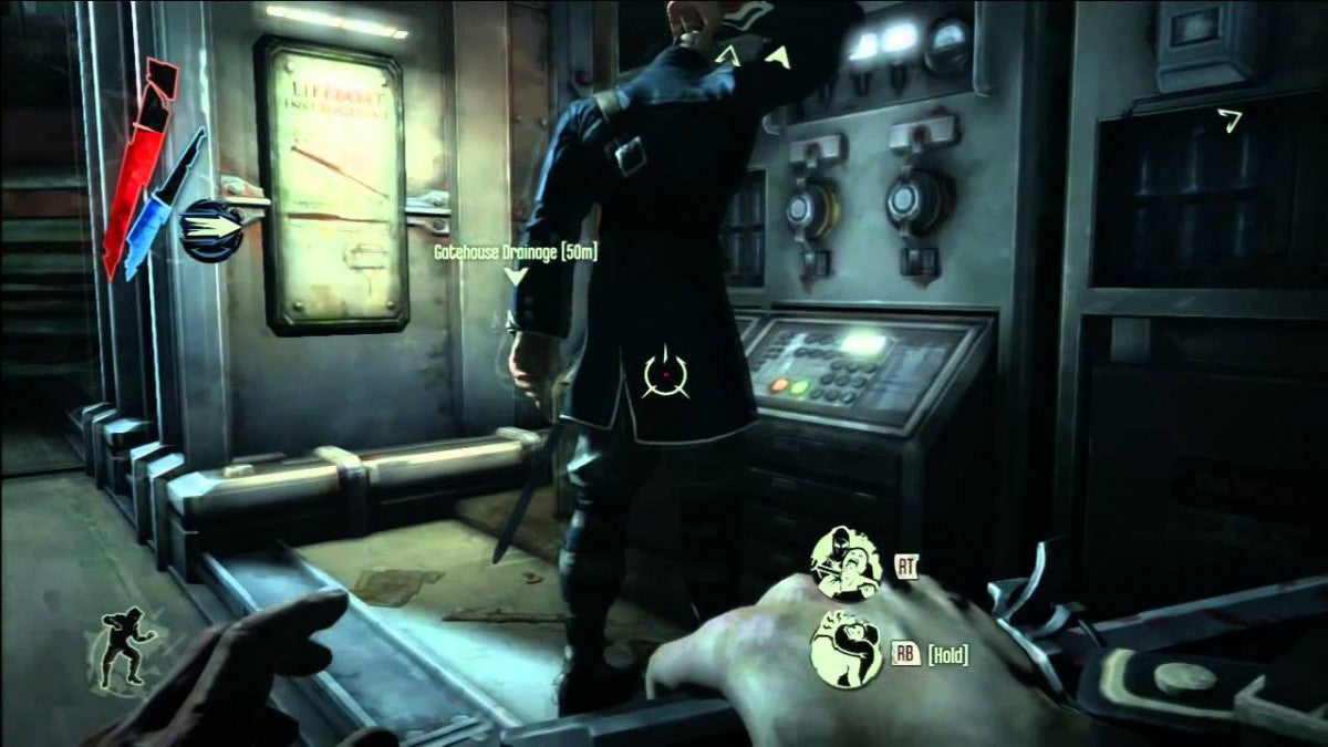 Dishonored Platinum Hits Xbox 360 stealth first-person action video game Arkane Studios Bethesda Corvo supernatural assassin supernatural abilities Blink possession rats chaos system multiple approaches non-lethal lethal options Dunwall plague conspiracy revenge story DLC content included gameplay screenshot
