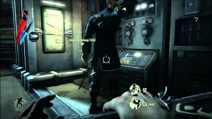 Dishonored Platinum Hits Xbox 360 stealth first-person action video game Arkane Studios Bethesda Corvo supernatural assassin supernatural abilities Blink possession rats chaos system multiple approaches non-lethal lethal options Dunwall plague conspiracy revenge story DLC content included gameplay screenshot