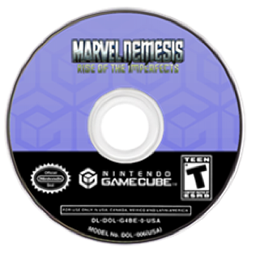 Game disc for 'Marvel Nemesis: Rise of the imperfects' on a GameCube console.