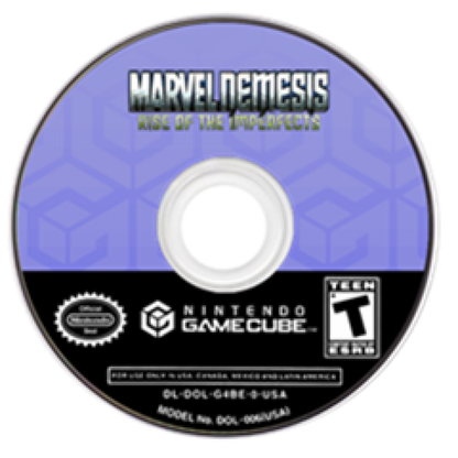 Game disc for 'Marvel Nemesis: Rise of the imperfects' on a GameCube console.