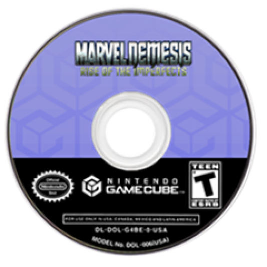 Game disc for 'Marvel Nemesis: Rise of the imperfects' on a GameCube console.