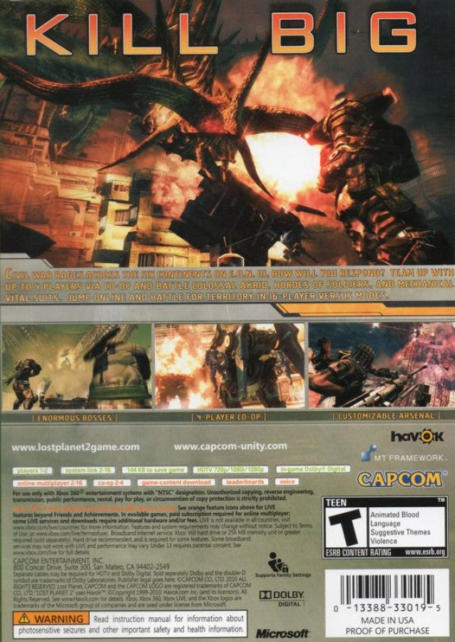 Lost Planet 2 back of box for Xbox 360 (X360) sci-fi third-person shooter video game