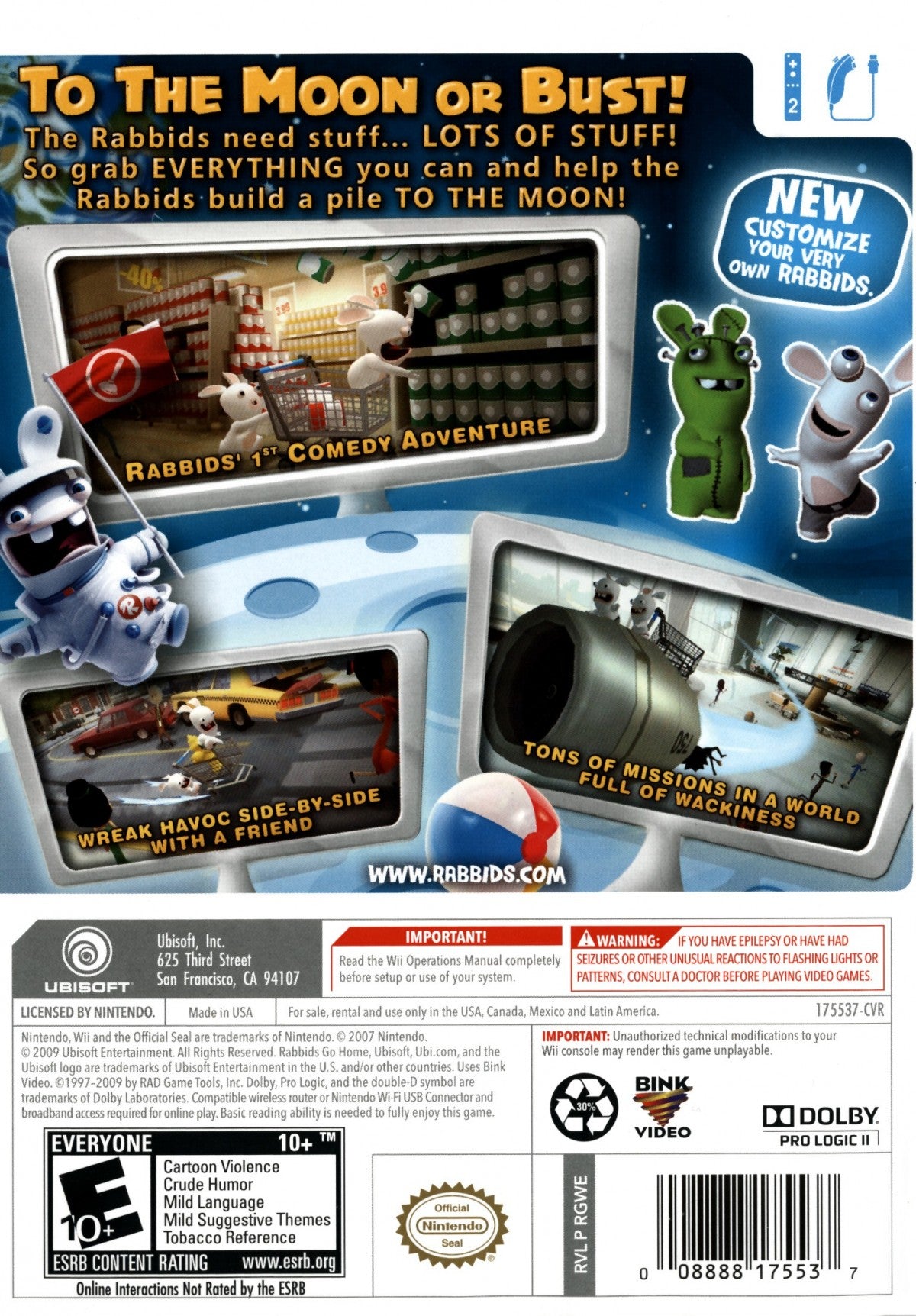 Rabbids Go Home: A Comedy Adventure – Nintendo Wii (Wii) comedy action-adventure platformer video game back of case