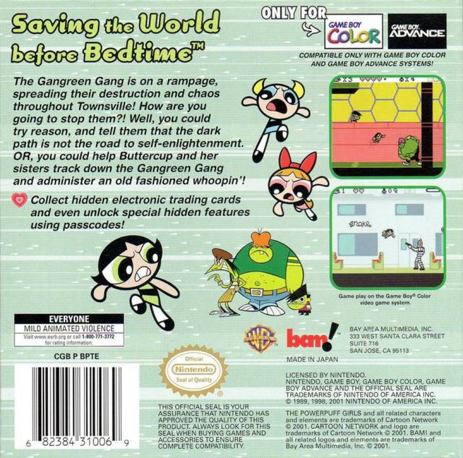 The Powerpuff Girls Paint the Townsville Green for Game Boy Color, back of case for a platformer video game with side-scrolling gameplay, character-based levels, cartoon-style action, and enemy combat challenges