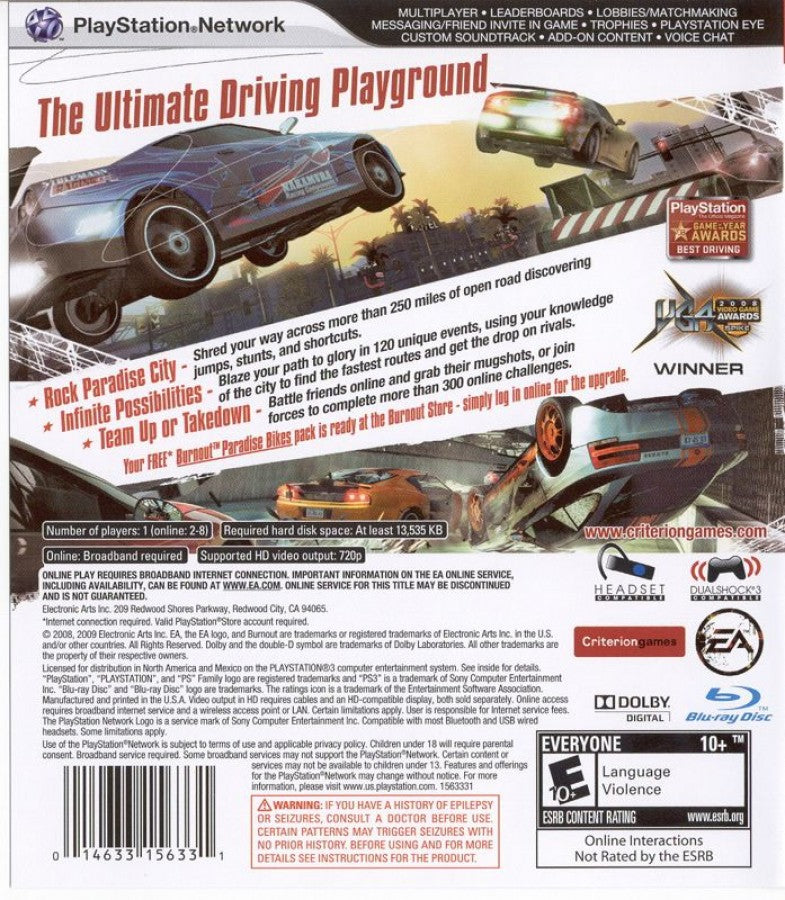 Burnout Paradise Greatest Hits retro PlayStation 3 video game Burnout Paradise open world racing high speed crashes arcade driving multiplayer action console title PlayStation 3 release back of case