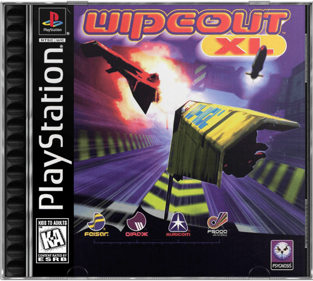 Wipeout XL PlayStation 1 PS1 video game featuring futuristic racing gameplay high speed anti gravity vehicles electronic music challenging race tracks weapon based combat and intense competitive racing action Sony PlayStation retro video game collection collectible front cover art