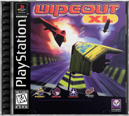 Wipeout XL PlayStation 1 PS1 video game featuring futuristic racing gameplay high speed anti gravity vehicles electronic music challenging race tracks weapon based combat and intense competitive racing action Sony PlayStation retro video game collection collectible front cover art