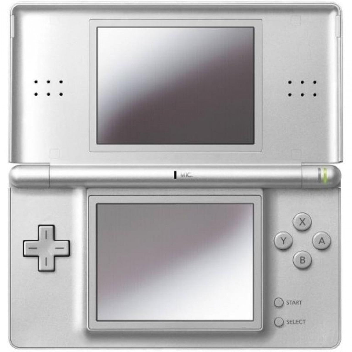 Retro silver Nintendo DS Lite system inspired design featuring sleek dual screen handheld gaming console aesthetic metallic silver finish foldable clamshell design touch screen controls iconic Nintendo portable hardware retro gaming nostalgia presentation front open
