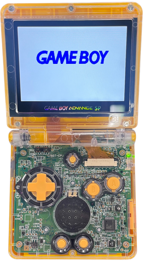Retro GBA SP custom shell IPS mod inspired design featuring upgraded Nintendo handheld gaming console aesthetic vibrant custom housing backlit IPS display rechargeable clamshell portable system nostalgic retro gaming hardware presentation open