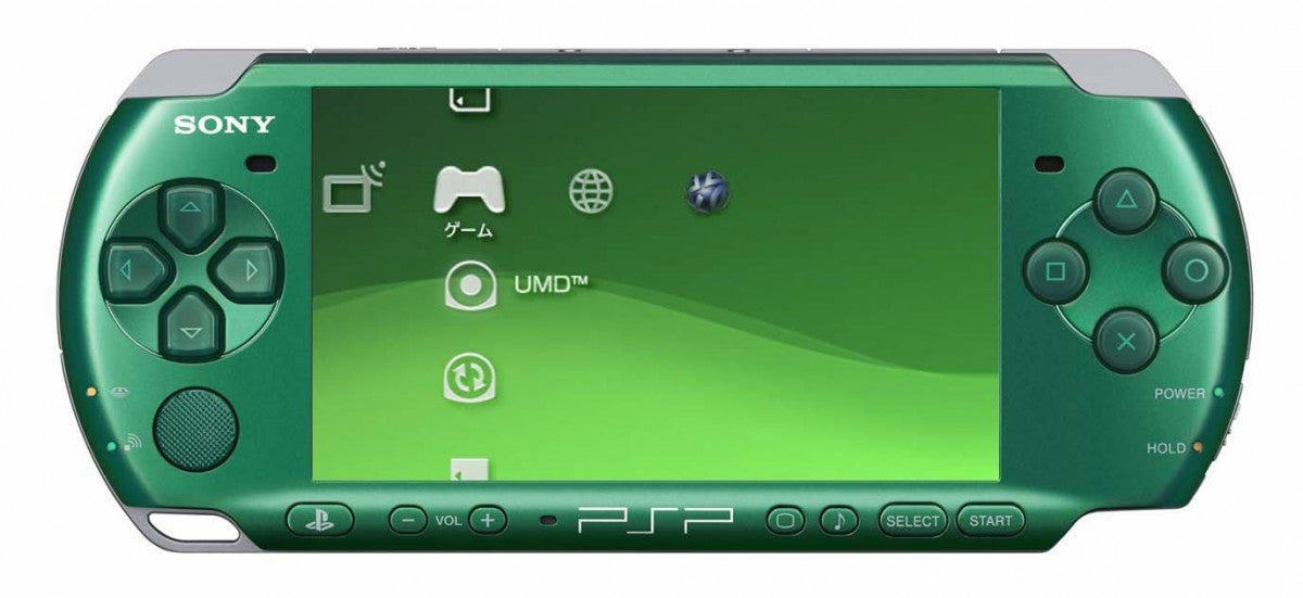 PlayStation Portable 3000 Spirited Green handheld console with vibrant emerald shell, slim design, and bright LCD screen for UMD games, music, and movies, good condition