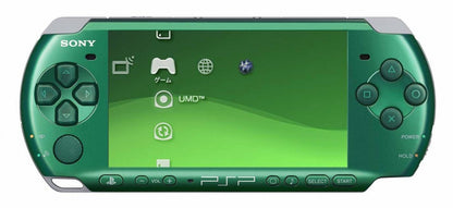 PlayStation Portable 3000 Spirited Green handheld console with vibrant emerald shell, slim design, and bright LCD screen for UMD games, music, and movies, good condition