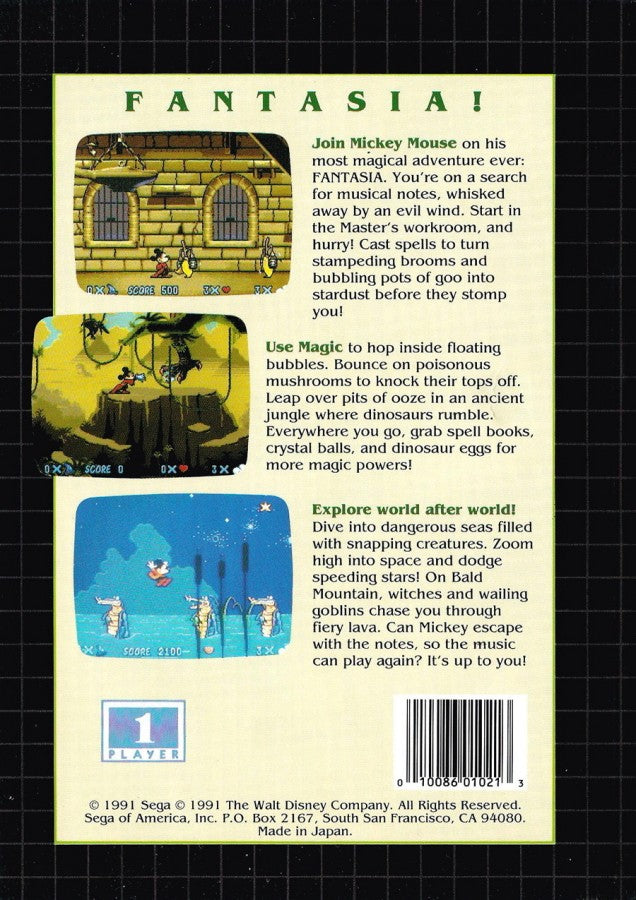 Fantasia Sega Genesis retro video game platformer back of case (1991)