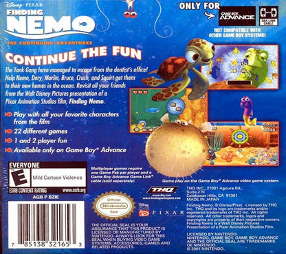 Disney Pixar Finding Nemo The Continuing Adventures for Game Boy Advance (GBA), back of case for a retro video game featuring action-adventure gameplay, underwater exploration, character-based missions, puzzle-solving, and movie-inspired challenges