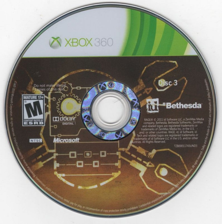 Rage: Anarchy Edition disc 3 for Xbox 360 (X360) post-apocalyptic first-person shooter video game