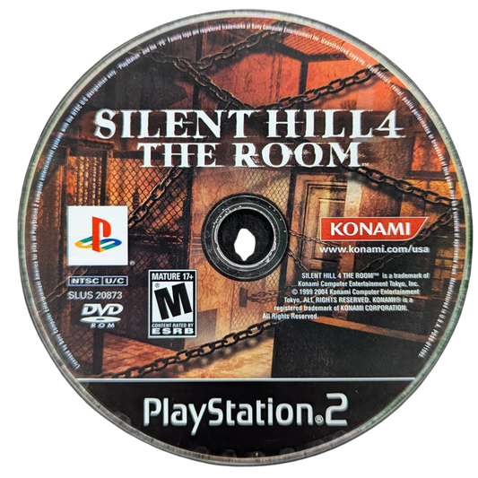 Silent Hill 4 The Room Game Only PlayStation 2 PS2 video game featuring psychological survival horror gameplay Henry Townshend character mysterious apartment exploration supernatural hauntings disturbing monsters alternate dimensions puzzle solving limited ammunition combat eerie environments unsettling atmosphere and dark Silent Hill horror storyline game only edition retro video game collection collectible gaming appeal front of disc